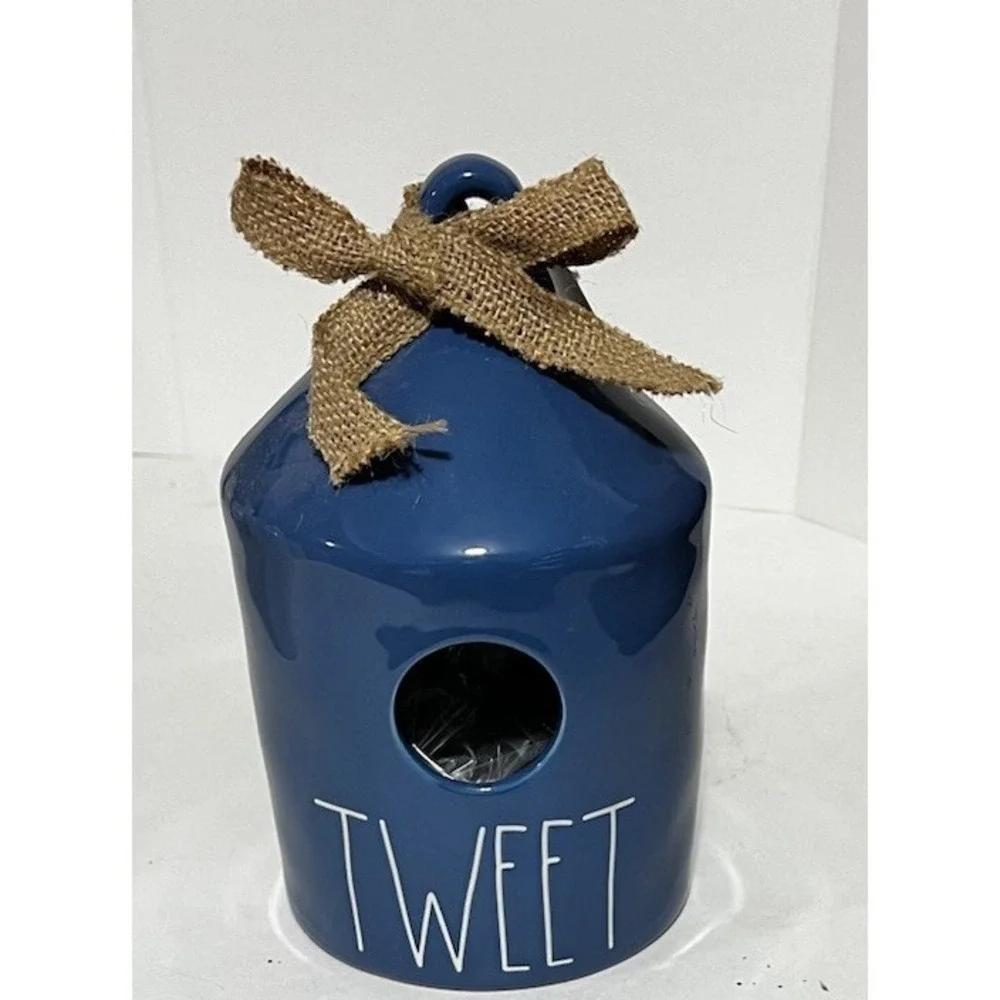 Rae Dunn Blue Tweet Round Birdhouse With Burlap Ribbon